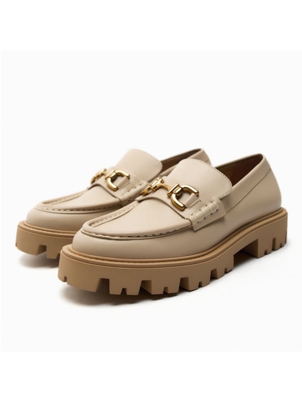 Zara Beige Chunky Lug Sole Leather Loafers with Gold Buckle
